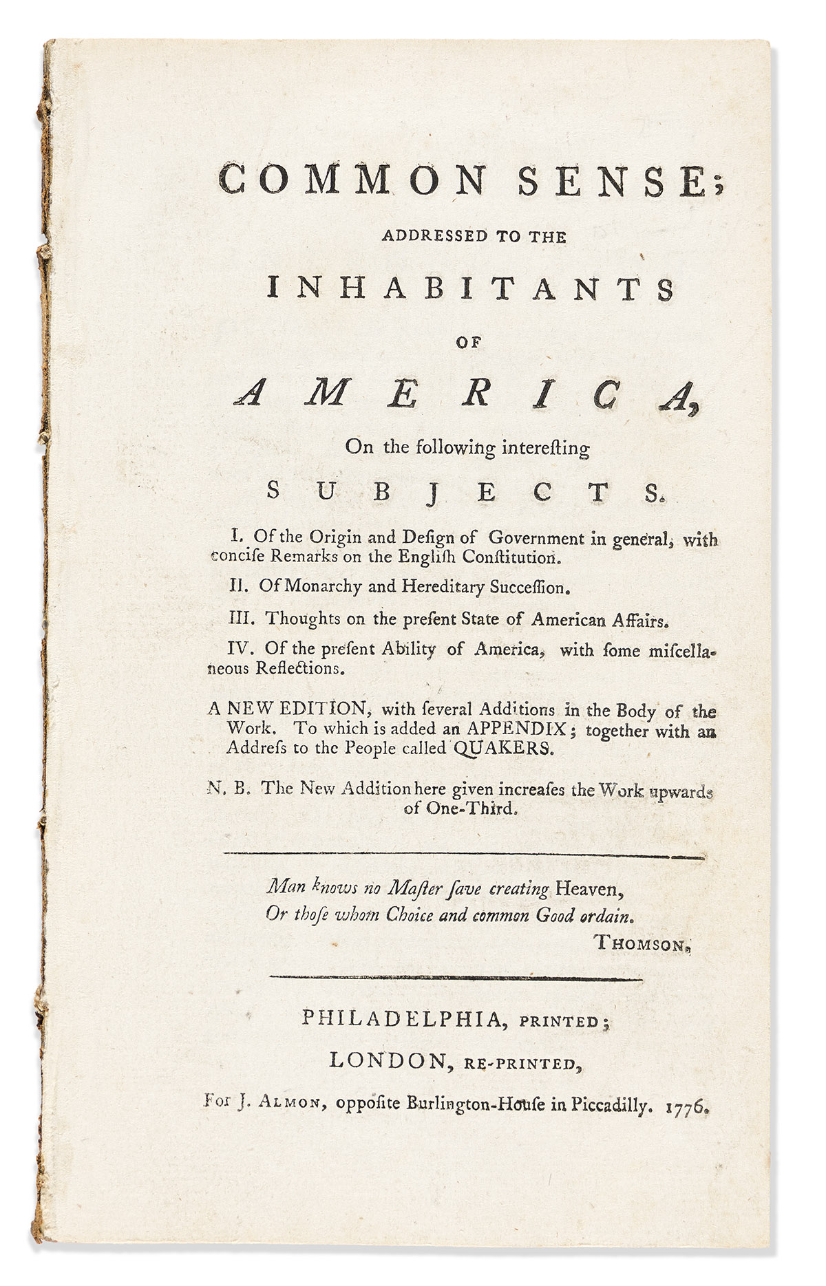 (AMERICAN REVOLUTION--1776.) [Thomas Paine.] Common Sense; Addressed to the Inhabitants of America.